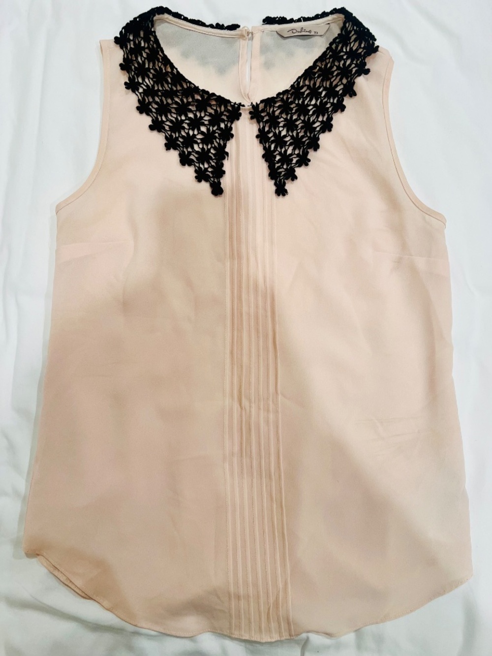Anthropologie Blush Pink Sleeveless Blouse with Black Crochet Collar
